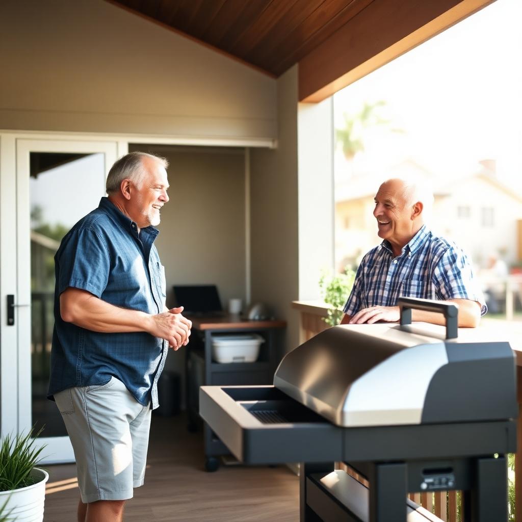 Two men chatting around a barbecue on a sunlit veranda