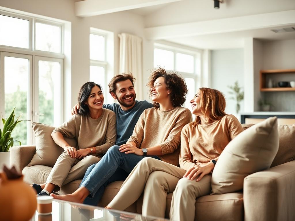 Three friends laughing together on a sofa in a bright modern living room