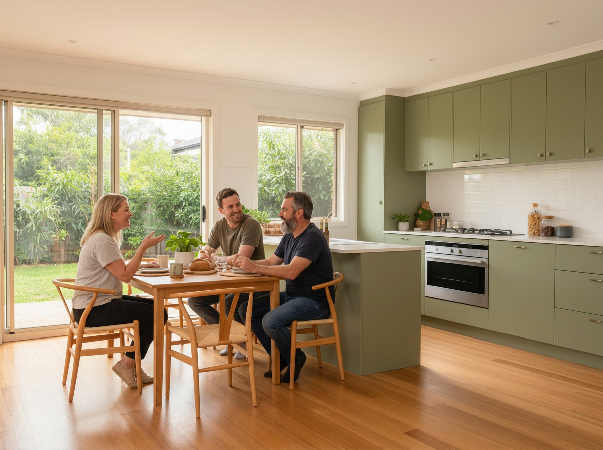 A bright shared kitchen and dining space with natural light and modern finishes
