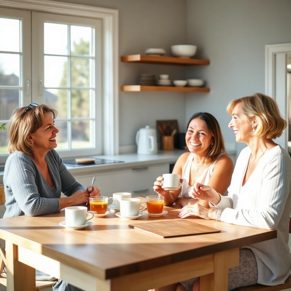 Three women enjoying morning tea together at a kitchen table